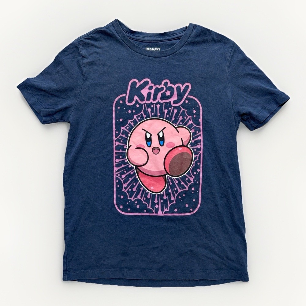 Old Navy Nintendo Kirby L 10/12 Graphic Tee Star Blast Navy Blue Gamer Shirt